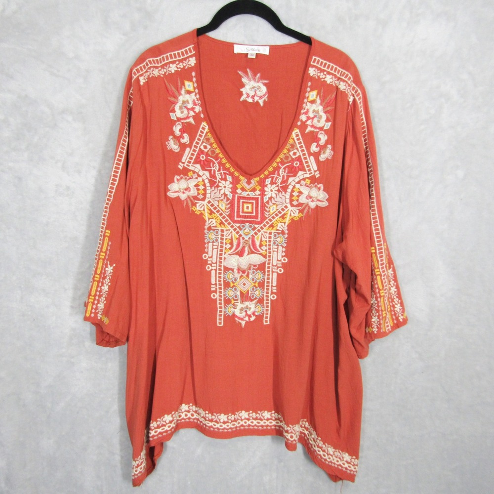 Solitaire Tunic Top  Womens 3X Terracotta Orange Embroidered Boho V-Neck New